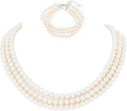 AAA+ Quality Freshwater Pearls Triple strand Necklace and Bracelet Jewelry Set
