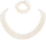 Load image into Gallery viewer, Pearl Vibe AAA+ Quality Triple Strand Pearl Necklace and Pearl Bracelet Jewelry Set
