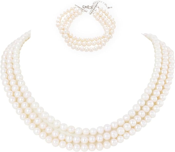 Pearl Vibe AAA+ Quality Triple Strand Pearl Necklace and Pearl Bracelet Jewelry Set