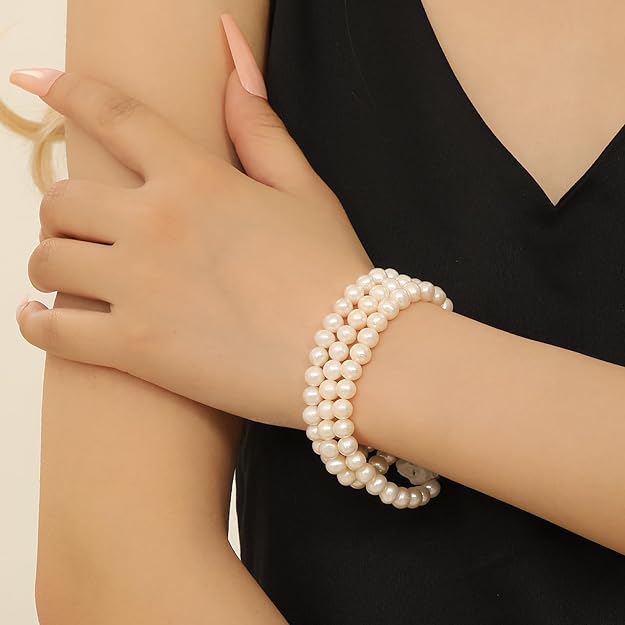 Pearl Vibe AAA+ Quality Triple Strand Pearl Necklace and Pearl Bracelet Jewelry Set