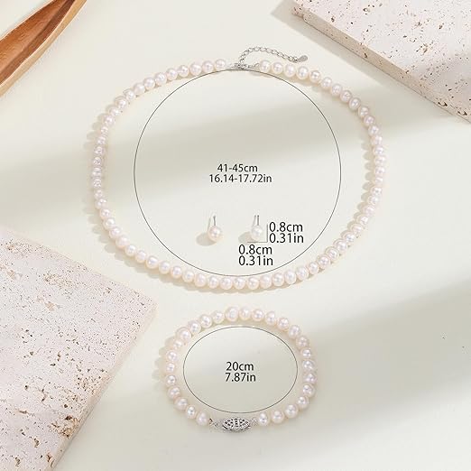 Pearl Vibe AAA+ Quality Single Strand Pearl Necklace Pearl Bracelet and Pearl Stud Earrings Jewelry Set