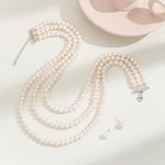 Load image into Gallery viewer, Pearl Vibe AAA+ Quality Triple Strand Pearl Necklace and Pearl Stud Earrings Jewelry Set
