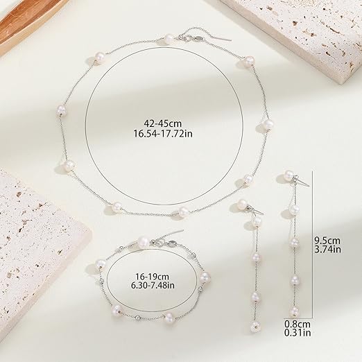 Pearl Vibe AAA+ Quality Pearl Necklace Bracelet Earrings with 925 Sterling Silver Chain