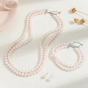 Double Strand Silver Pearl Necklace Bracelet and Stud Earrings Jewelry Set