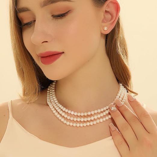 Pearl Vibe AAA+ Quality Triple Strand Pearl Necklace and Pearl Stud Earrings Jewelry Set