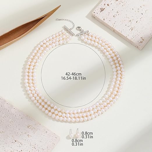Pearl Vibe AAA+ Quality Triple Strand Pearl Necklace and Pearl Stud Earrings Jewelry Set