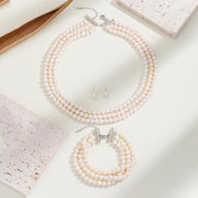 AAA+ Quality Triple Strand Freshwater Pearl Necklace Bracelet and Stud Earrings